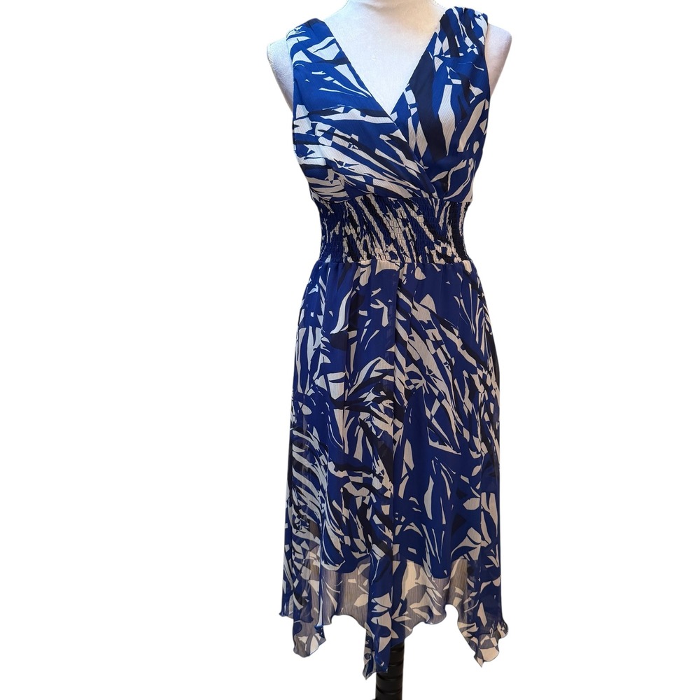 Rabbit Rabbit Rabbit Designs Blue White Abstract Smocked Waist Midi Dress‎ 8